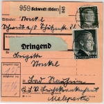 DR - 1 RM AH u.a., Dringend-Paketkarte Schwedt (Oder) - Bad Nauheim 1942