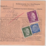 DR - 1 RM AH u.a., Dringend-Paketkarte Schwedt (Oder) - Bad Nauheim 1942