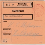 DR - Einsiedel (Bz. Chemnitz) 1942, Bezahlt, roter Tagesstpl. a. Paketkarte n.