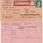 DR - 4x50+15 Pfg. AH, Dringend-Paketkarte + Notpaketkarte Priestewitz 1943 n.