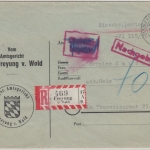 BRD - Freyung 1956, Einschreibebrief n. Theresienreuth ü. Haidmühle, Nachporto