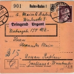 DR - 2 RM + 15 Pfg. AH, Dringend-Wertpaketkarte Baden-Baden - Dessau 1943