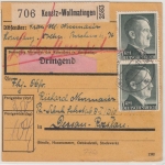DR - 3x1 RM AH u.a., Dringend-Paketkarte Konstanz-Wollmatingen - Dessau 1943