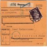 DR - 60 Pfg. AH, Paketkarte Dessau - Seefeld/Tirol 1944