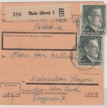 DR - 3x1 RM+25 Pfg. AH, Paketkarte Thale (Harz) - Weißenhorn 1944