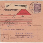 DR - 100 Pfg. Korbdeckel, Nachnahme-Paketkarte Westerstede - Thum 1930