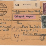 DR - 1 RM, 60+15 Pfg. AH, Dringend-Paketkarte Zwiesel - Bitsch 1944