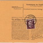 DR - 1 RM, 60+15 Pfg. AH, Dringend-Paketkarte Zwiesel - Bitsch 1944