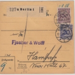 DR - 20+100 Pfg. Korbdeckel/Perfin "FW", Paketkarte Berlin - Hamburg 1924