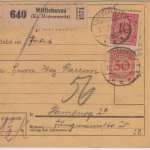 DR - 10+50 Pfg. Korbdeckel, Paketkarte Wittichenau (Kr. Hoyerswerda) 1924 n.