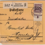 DR - Sitzendorf (Schwarzatal), 100 Pfg. Korbdeckel a. Paketkarte n. Hamburg 1924