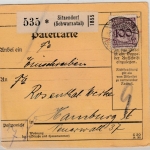 DR - 100 Pfg. Korbdeckel, Paketkarte Sitzendorf (Schwarzatal)- Hamburg 1924