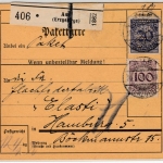DR - 4x20 Pfg. Korbdeckel/Perfin "FAL" u.a., Paketkarte Aue (Erzgebirge) 1924