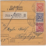 DR - 50+20+10 Pfg. Korbdeckel, Paketjkarte/Selbstbucher Magdeburg-Sudenburg 1924