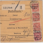 DR - 3x50+10 Pfg. Korbdeckel, Einschreibe-Paketkarte Goch - Hamburg 1924