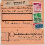 Bizone - 80+10 Pfg. Bauten, Paketkarte Dortmund-Dorstfeld - Ludwigshafen 1949