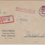 Bizone - 80 Pfg. bauten, Einschreibebrief Vöhl - Frankfurt a.M. 1949