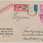 Bizone - 2x40 Pfg. Bauten, Einschreibebrief Vöhl - Frankfurt a.M. 1950