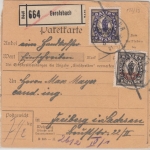 DR-Infla - 2+2 1/2 M. By-Abschied/DR, Paketkarte Gerolsbach - Freiberg 1921