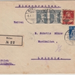 Schweiz - 25 Rp sitz. Helvetia u.a., Einschreibebrief Nidau - Leipzig 1919
