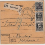 Bayern - 75 Pfg. Germania/Freistaat u.a. Paketkarte Mellrichstadt -Nürnberg 1920