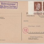 DR - Schwaiganger ü. Murnau, Landpost-Ra2 a. karte n. Chemnitz 8.1.45 selten!