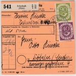 BRD - 90+40 Pfg. Posthorn, Paketkarte Erlenbach - Döbeln 1954