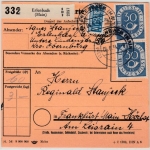 BRD - 2x30 Pfg. Posthorn, Paketkarte Erlenbach - Frankfurt a.M. 1954