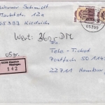 BRD - 2x500 Pfg. SWK, Wertbrief Kiedrich - Hamburg 1994