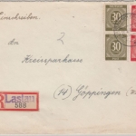 All.Bes. - 2x30+2x12 Pfg. Ziffer, Einschreibebrief Lastau - Göppingen 1946