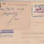 DDR - 20 Pfg. Kanu, Brief Crimmitschau - Lössnitz 1964, Hinweiszettel "ungültig"