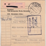 DDR - Hermsdorf 1983, Taxe percue Ra4 Wertpaketkarte/Wirtschaftspaket n. Leipzig