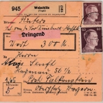 DR - 2x60+40+15 Pfg. AH, Dringend-Wertpaketkarte Weischlitz - Falkenstein 1943