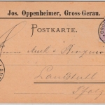 DR - Gross-Gerau 1885, K1 a. Firmen-Postkarte (Jos. Oppenheimer) n. Landstuhl