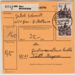 BRD - 2x80 Pfg. kl. Bauwerke, Paketkarte Gau-Bickelheim - Fürth 1967