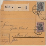 DR - 75+50 Pfg. Germania Paketkarte Suhl - Bad Kissingen 1920