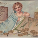 Glückwunsch - Neujahr Kind m. Geld-Bettdecke Prägekarte gelaufen Garching 1910
