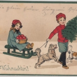Glückwunsch - Weihnachten Kinder m. Schlitten u. Hunde Prägekarte München 1914