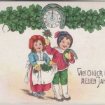 Glückwunsch - Neujahr Kinder Hufeisen Uhr Prägekarte gelaufen Grafing 1914