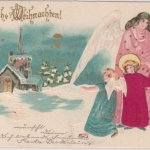 Glückwunsch - Weihnachten Engel mit Kirche, Prägekarte m. Textilauflage 1901