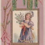 Glückwunsch - Ostern Mädchen mit Palmkätzchenstrauß Prägekarte Grafing 1908