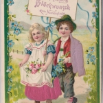 Glückwunsch - Namenstag Kinderpaar Prägekarte mit Textilauflage Grafing 1907