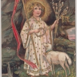 Glückwunsch - Ostern Engel mit Osterlamm Prägekarte gelaufen Weilheim 1907