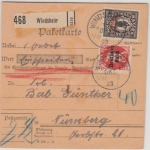 DR-Infla - 2 1/2 M. By-Abschied/DR u.a. Einschreibe-Paketkarte Windsheim 1920 n.