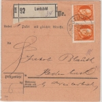 Bayern - 2x30 Pfg. Ludwig, Paketkarte Landstuhl - Rodenbach 1919