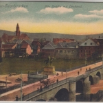 Saarland - Saarbrücken St. Johann alte Brücke m. Denkmal, farb. AK gelaufen 1906