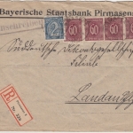 DR-Infla - 4x60 Pfg. Ziffer u.a. Dienst-Einschreibebrief Pirmasens - Landau 1922