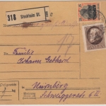 Bayern - 25 Pfg. Germania/Freistaat u.a. Paketkarte Stockheim Uf.- Nürnberg 1920