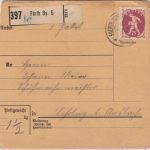 Bayern - 75 Pfg. Abschied, Paketkarte Fürth 5 - Lehrberg b. Ansbach 16.4.20