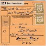 BRD - 2x90 Pfg. Bed. Deutsche, Paketkarte i.d. DDR Rupprechtstegen - Grabow 1968